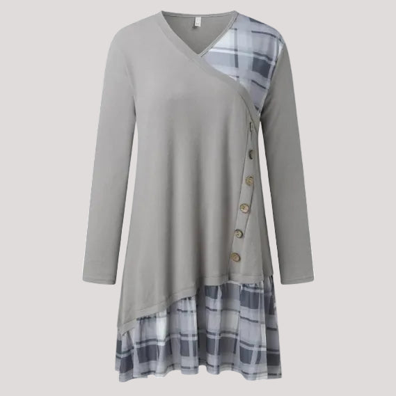 Ardena Asymmetric Check Maxi Dress – Long Sleeve A-Line Women’s Dress with Contrast Panels