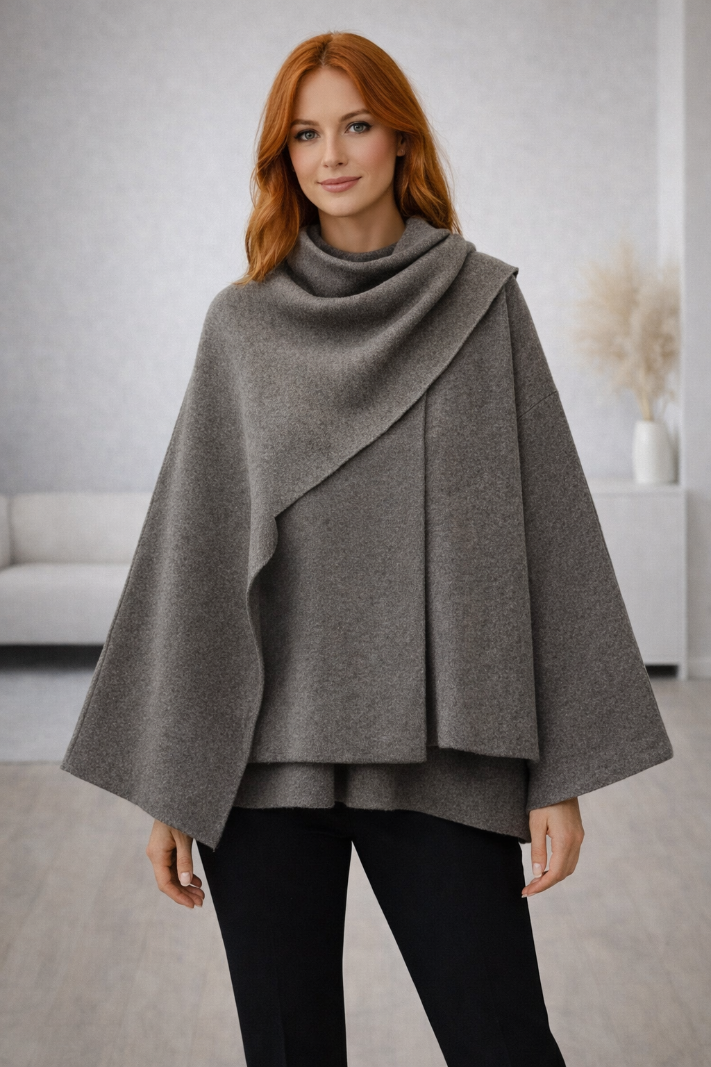 Velora Asymmetric Cape Coat – Relaxed Transitional Layer in Soft Polyester