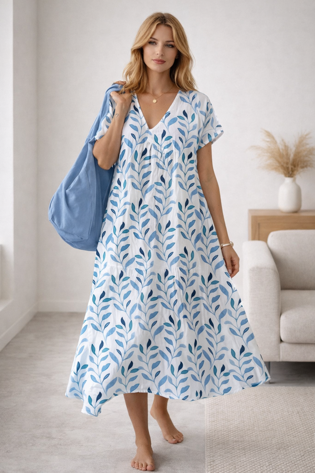 Verdelina V-Neck Leaf Print Dress for Women