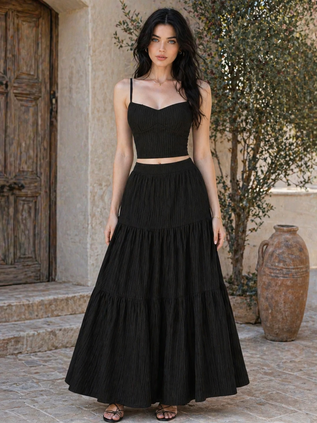Women's Crop Cami Top & A-Line Skirt Two-Piece Set Dress