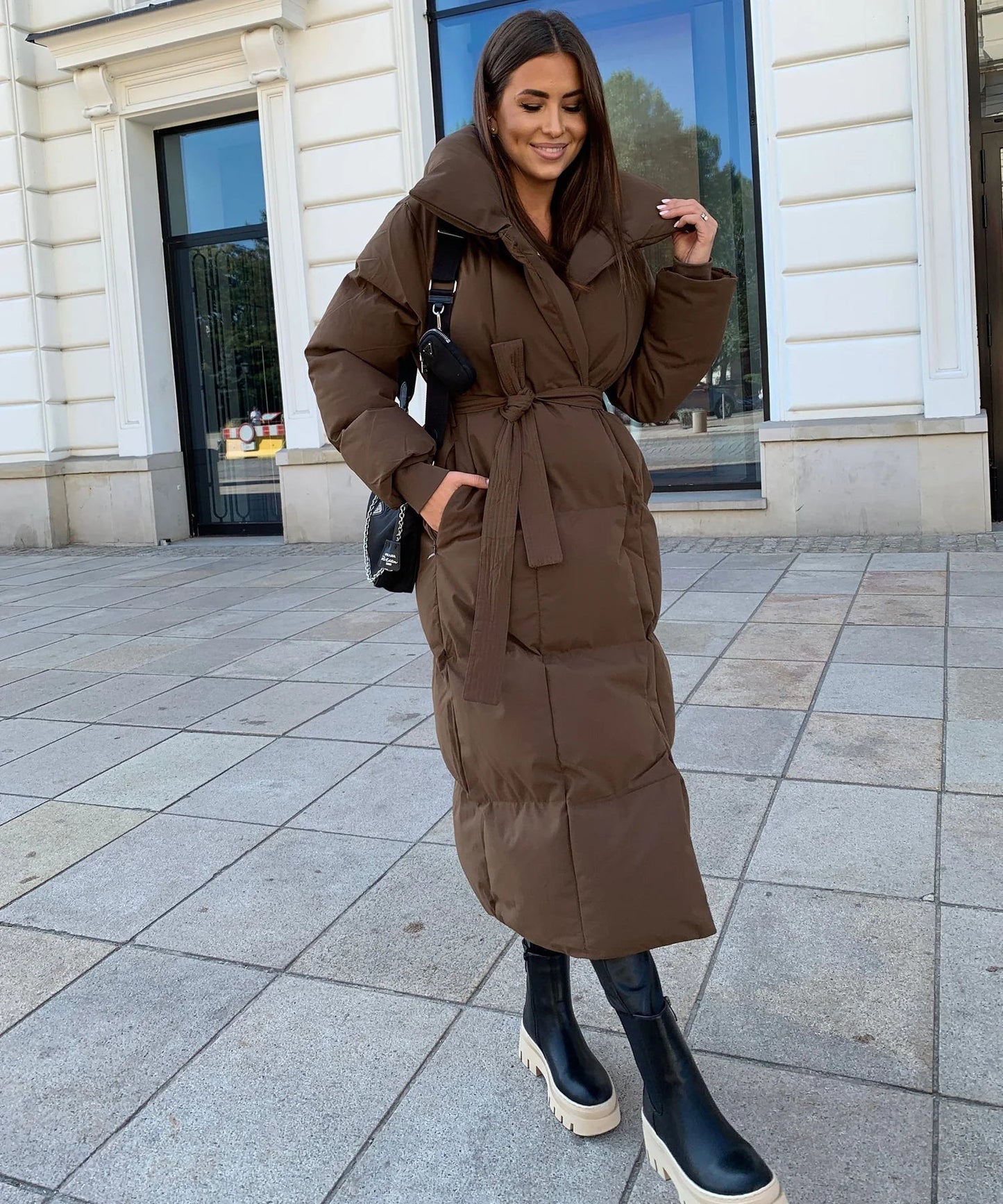 Velmora Tailored Long Winter Coat with Adjustable Waist Belt