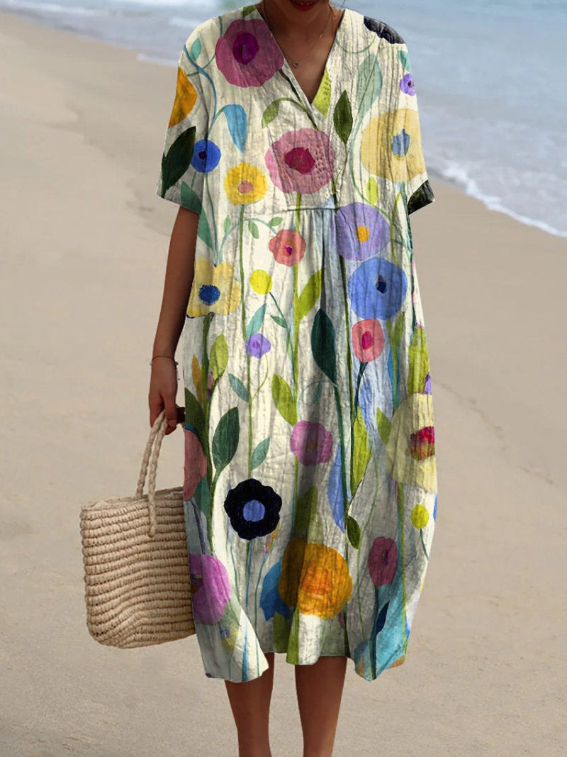 Florenna | Colourful Floral V-Neck Summer Dress for Women