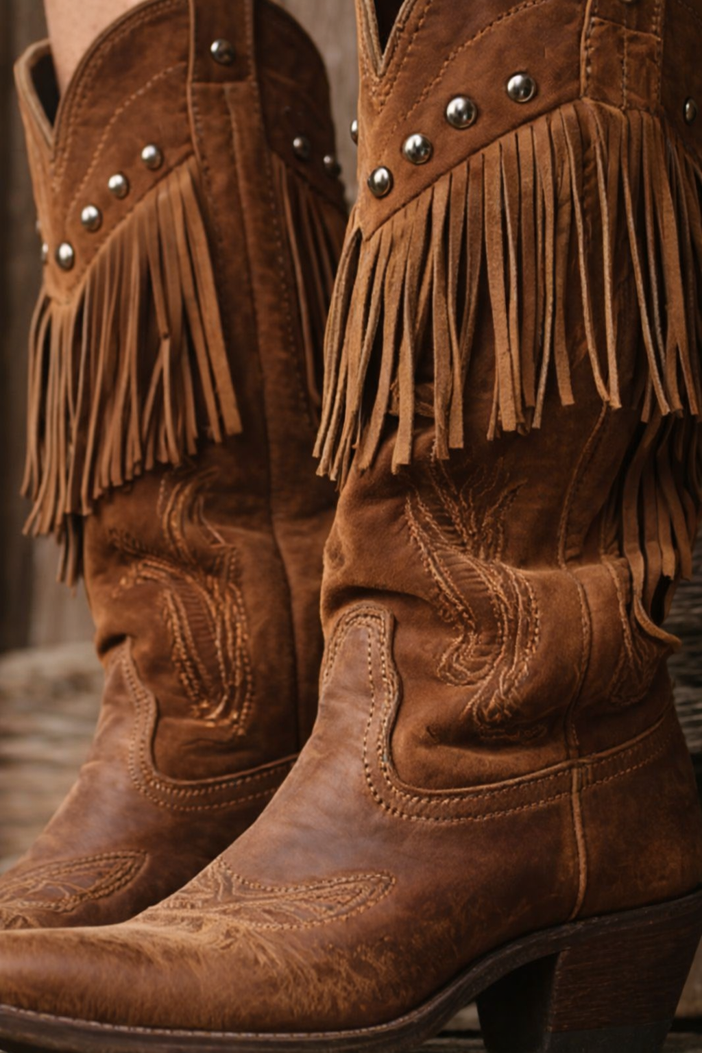 Calidora West Embroidered Tassel Faux Suede Cowgirl Boots for Women