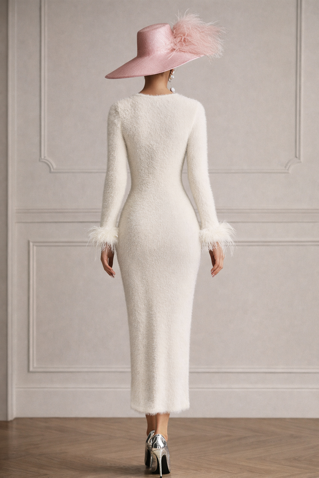 Eloria Grace White Mohair V-Neck Button Feather-Trim Midi Dress