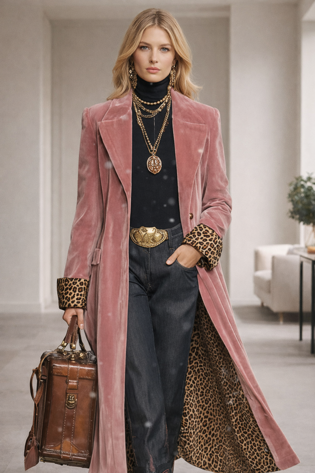 Veloura Savannah Leopard Panel Velvet Lapel Single Breasted Coat