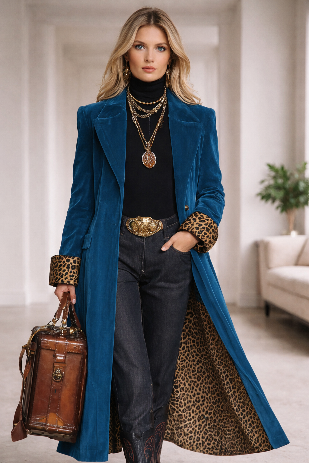 Veloura Savannah Leopard Panel Velvet Lapel Single Breasted Coat