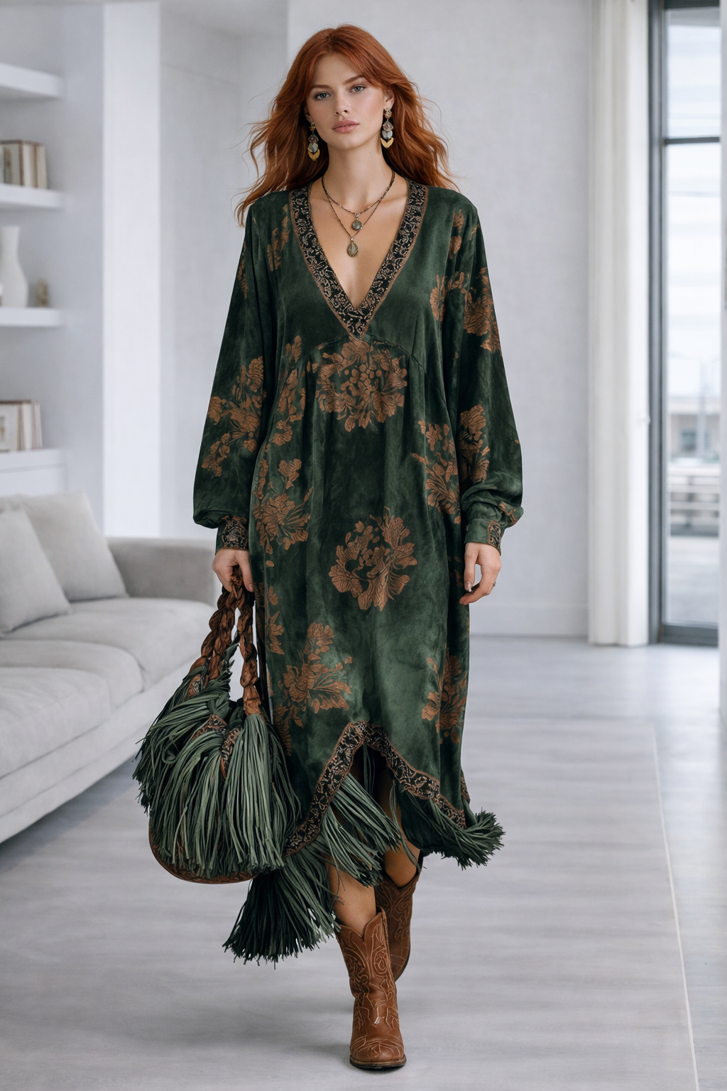 Retro Silhouette Printed Green Faux Suede Tassel Maxi Dress