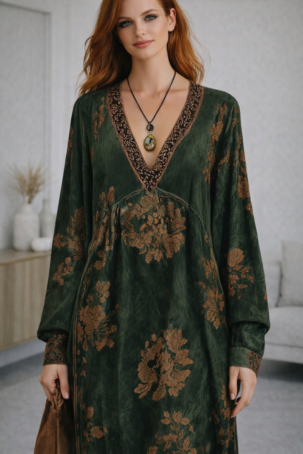 Retro Silhouette Printed Green Faux Suede Tassel Maxi Dress