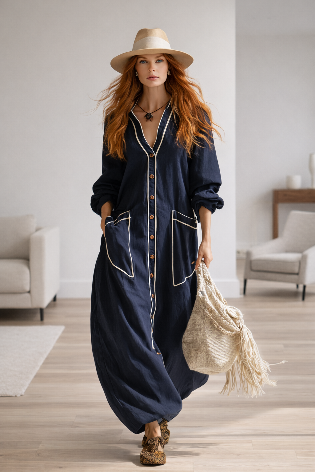 Navy Harbor Contrast Trim Cotton Linen Urban Maxi Dress