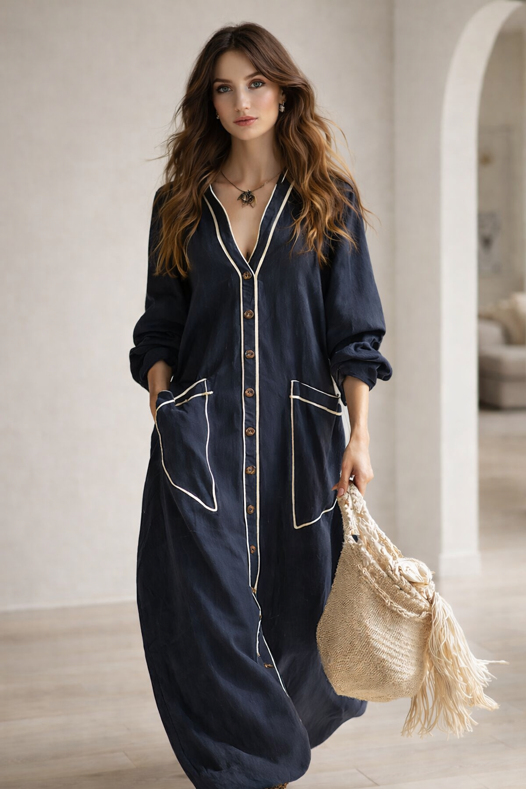 Navy Harbor Contrast Trim Cotton Linen Urban Maxi Dress