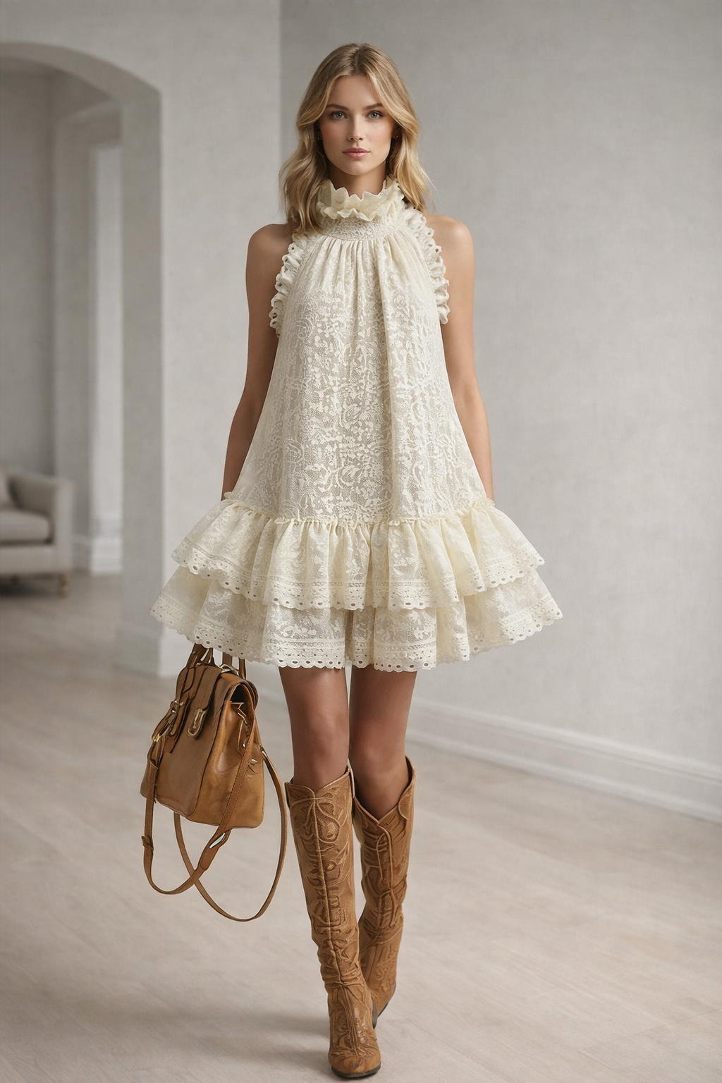Sandy Bloom Lace Ruffle Sleeveless Retro Vacation Mini Dress