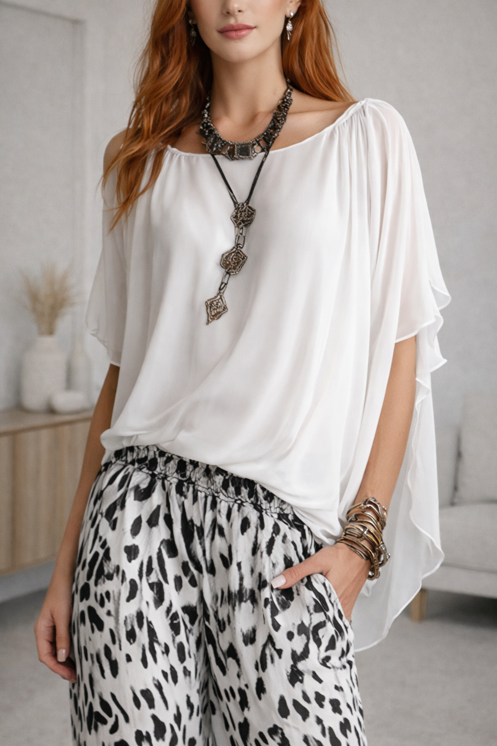 Urban Muse White Tee and Gradient Leopard Chiffon Pant Set