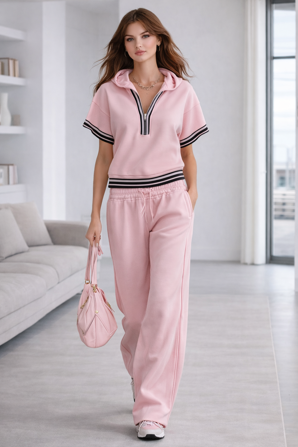 Blush Active Zip Hoodie Short Sleeve Top and Pant Sport Set