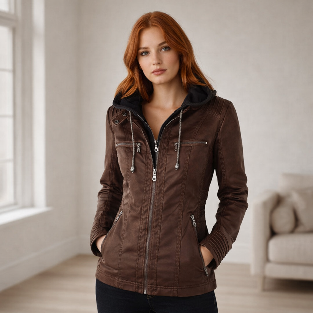 Nordelle | Weather-Resistant Faux Leather Hooded Jacket