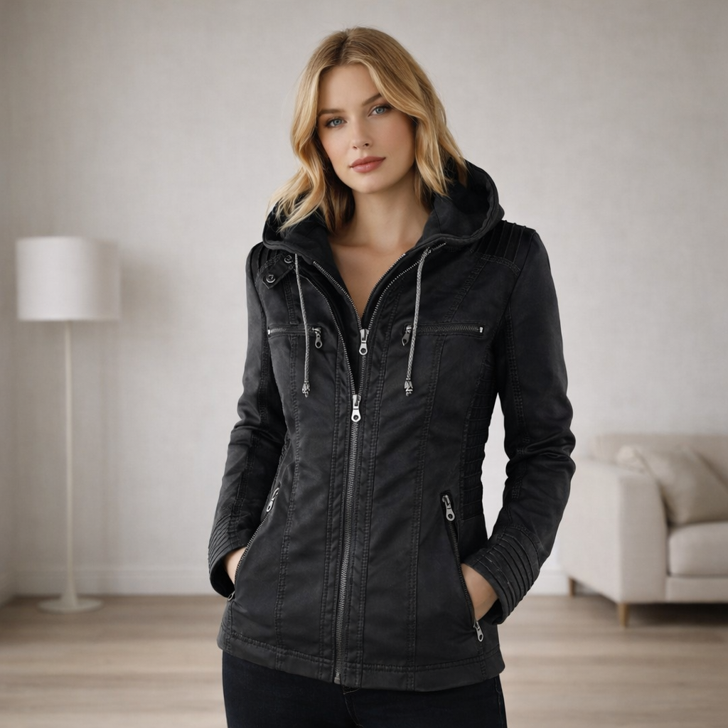 Nordelle | Weather-Resistant Faux Leather Hooded Jacket