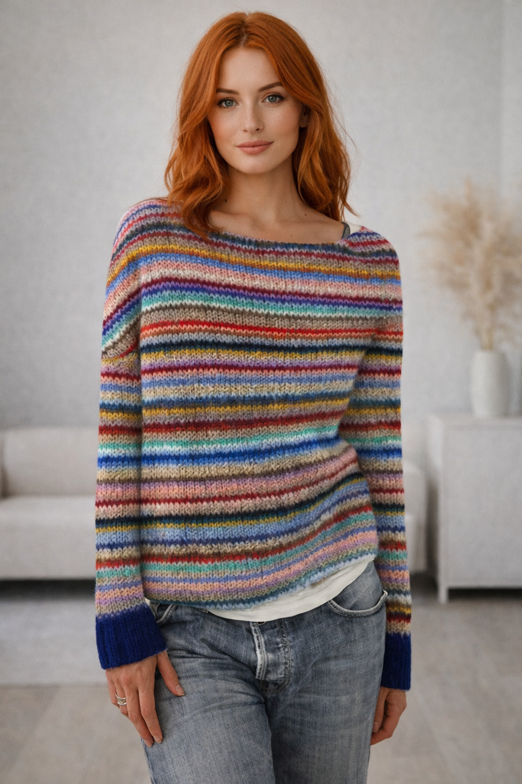Aurielle Stripe Jacquard Knit Jumper for Women – Relaxed Crew Neck Loose Fit