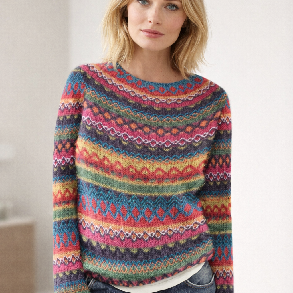 Aurielle Stripe Jacquard Knit Jumper for Women – Relaxed Crew Neck Loose Fit