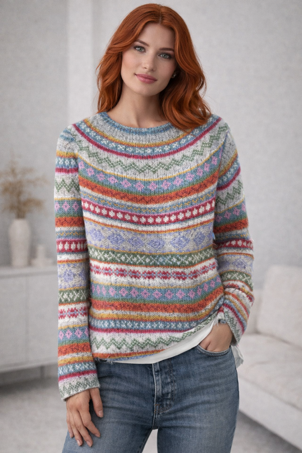 Aurielle Stripe Jacquard Knit Jumper for Women – Relaxed Crew Neck Loose Fit