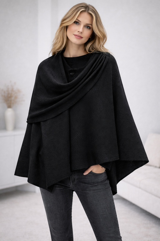 Velora Asymmetric Cape Coat – Relaxed Transitional Layer in Soft Polyester
