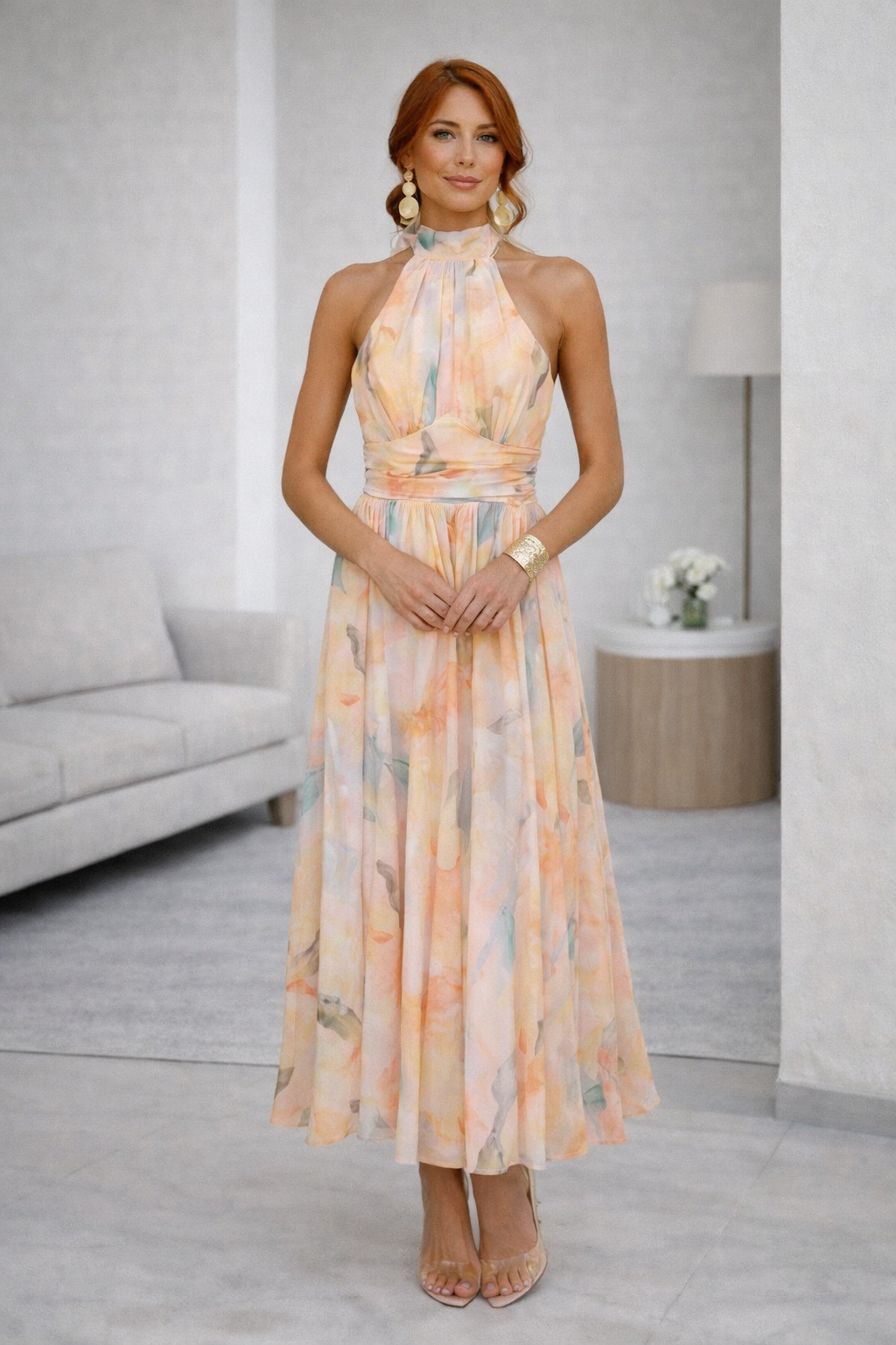 Aquarelle Grace Halterneck Watercolour Maxi Dress