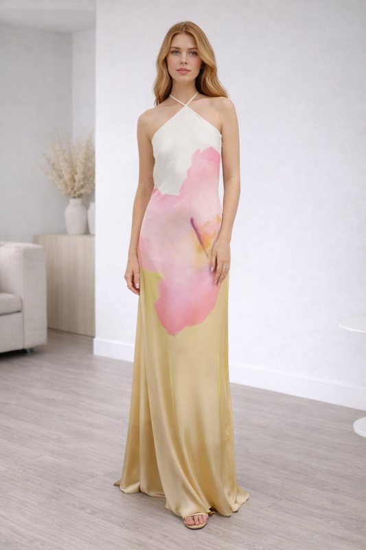 Maristelle Floral One-Shoulder Maxi Gown