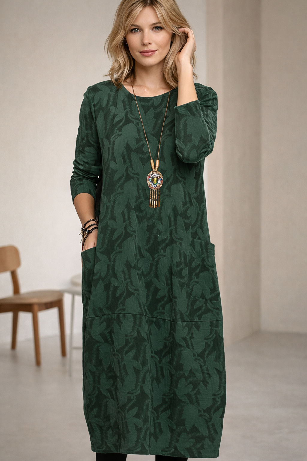 Velmora | Printed Midi Winter Tunic Dress with Side Pockets