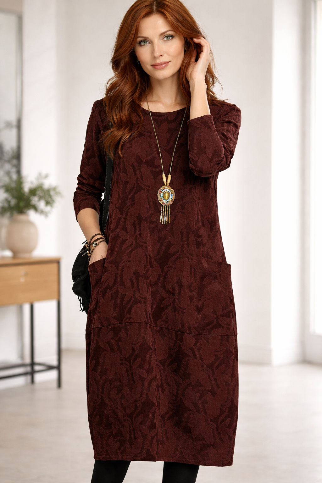 Velmora | Printed Midi Winter Tunic Dress with Side Pockets