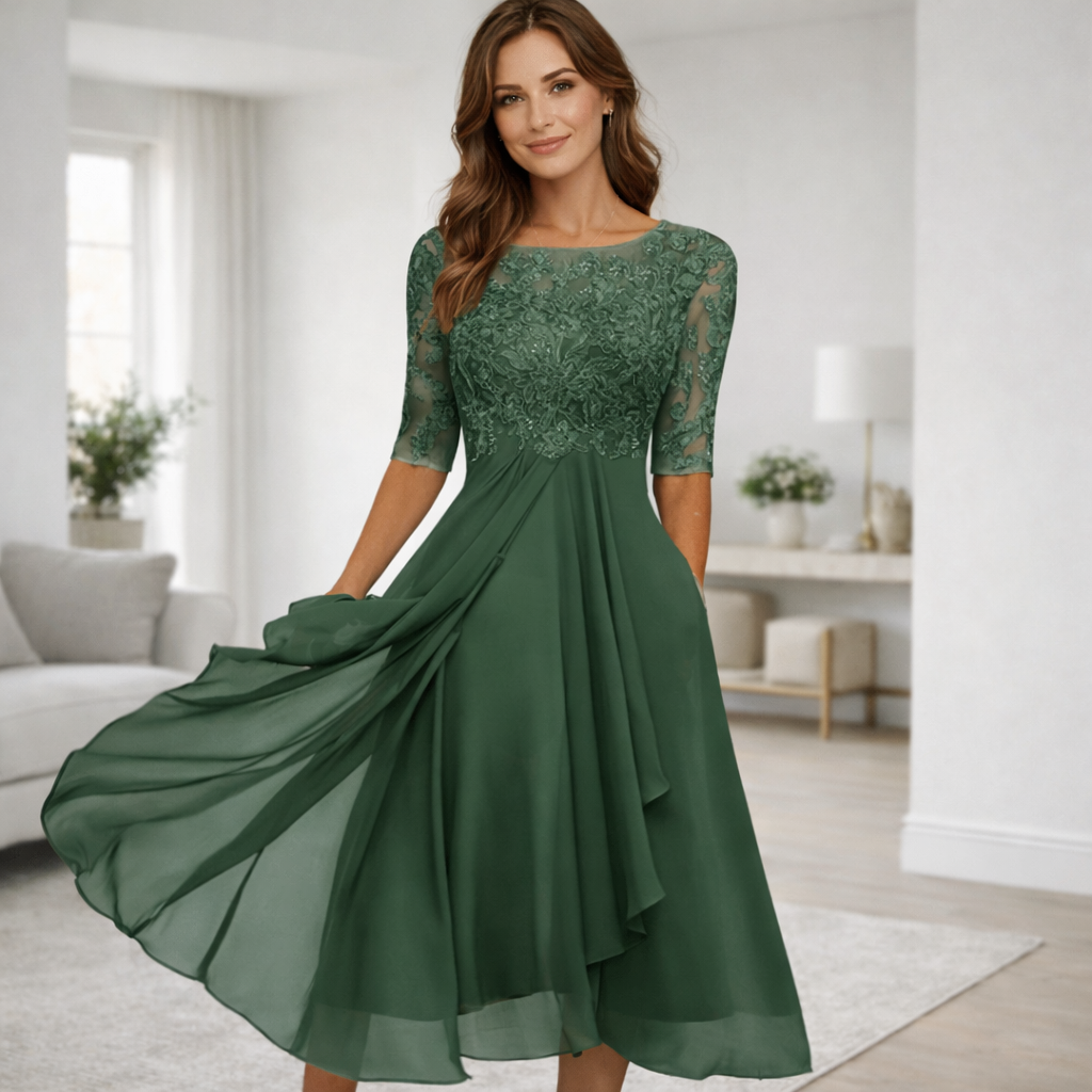 Elivara | High-Waist Chiffon Midi Dress for Women
