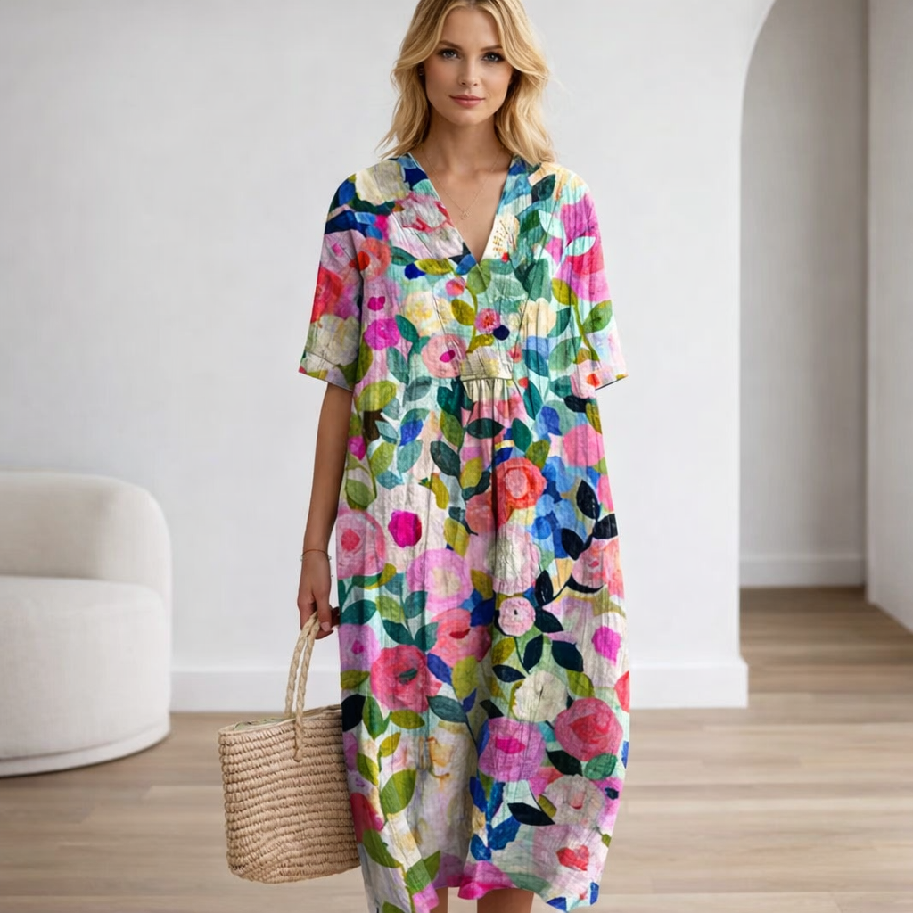 Florenna | Colourful Floral V-Neck Summer Dress for Women