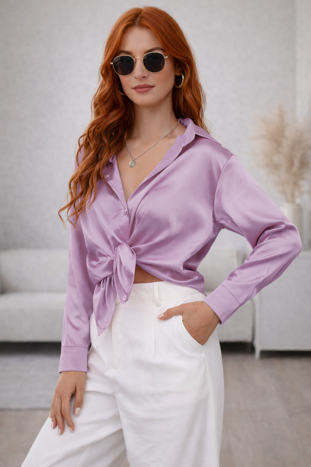 Serenique Satin Long Sleeve Blouse – Elegant Loose Fit Shirt for Women