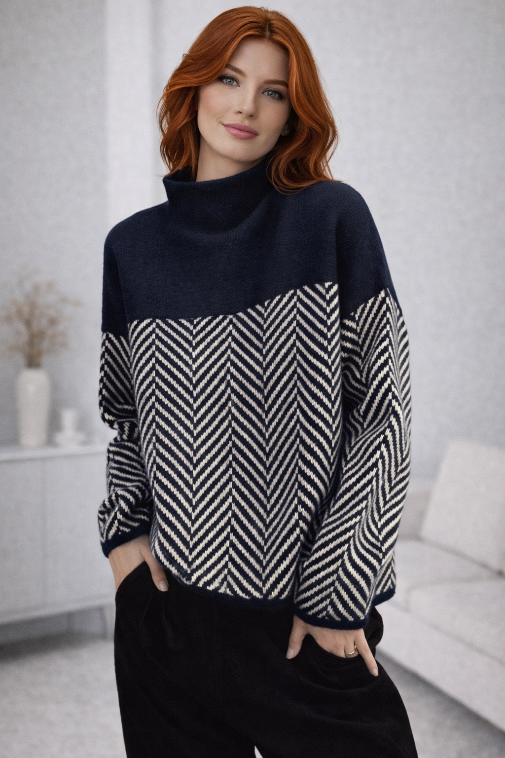 Velmora Soft Turtleneck Knit Jumper – Elegant Loose Fit Two-Tone Design