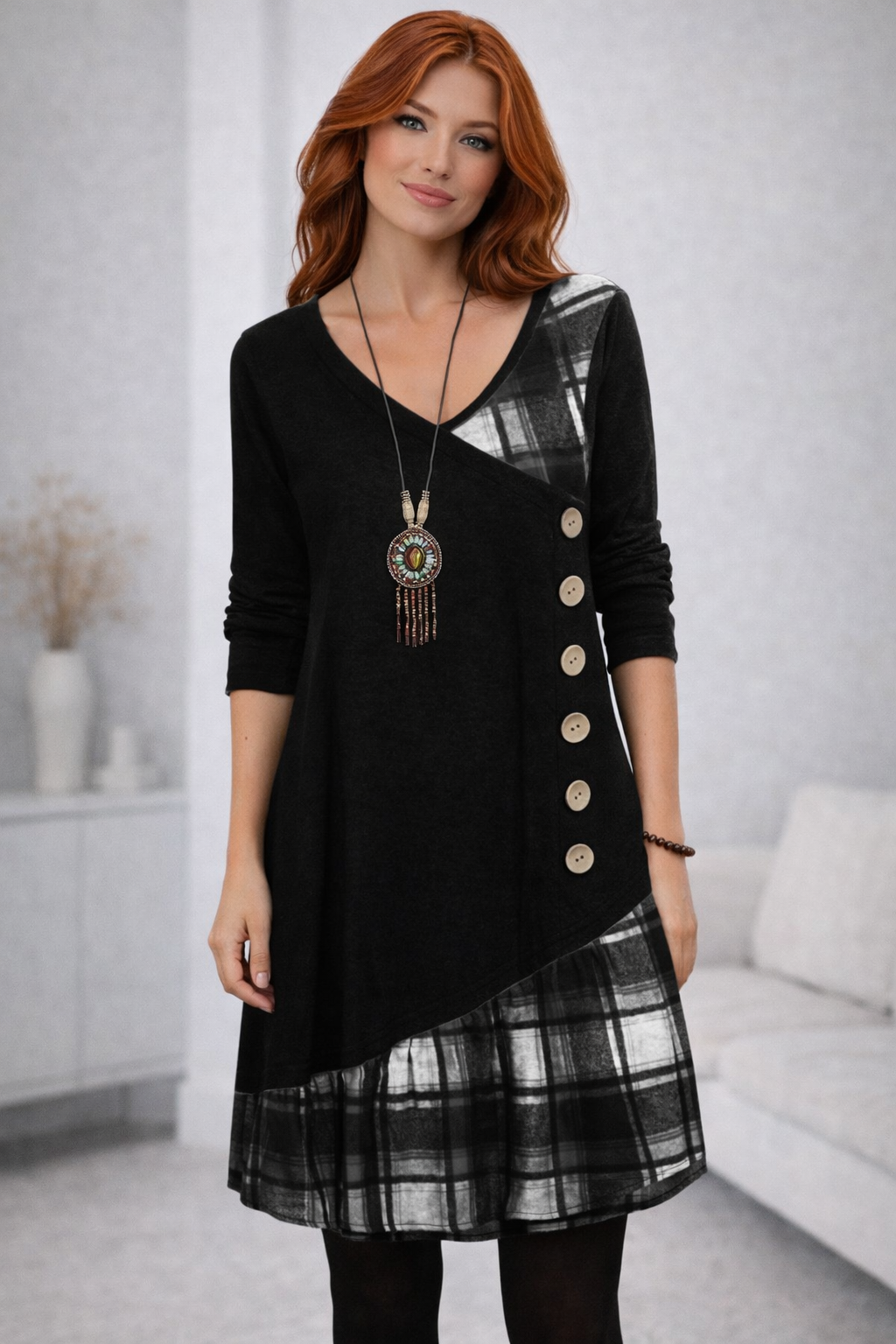 Ardena Asymmetric Check Maxi Dress – Long Sleeve A-Line Women’s Dress with Contrast Panels