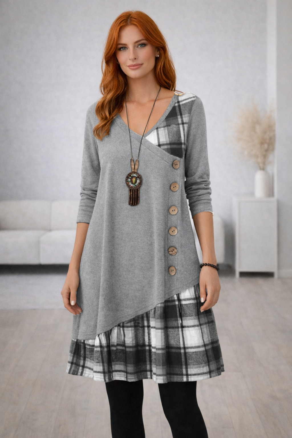 Ardena Asymmetric Check Maxi Dress – Long Sleeve A-Line Women’s Dress with Contrast Panels