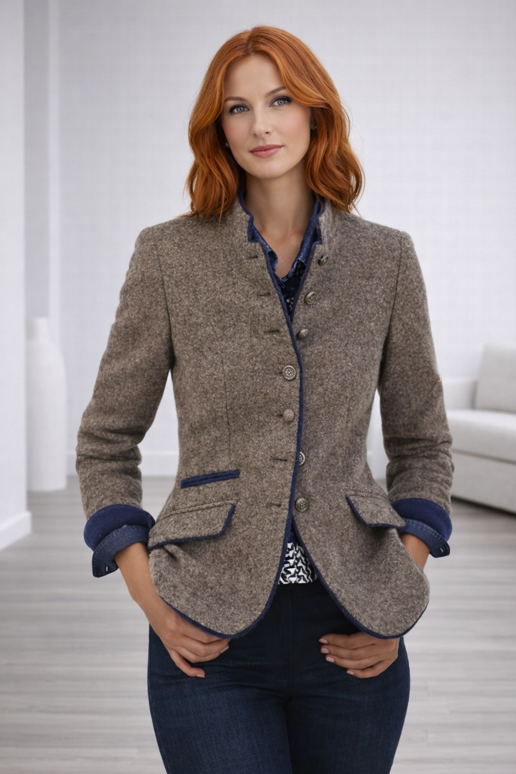 Carvessa | Tailored Cropped Jacket with Stand Collar & Button Detail