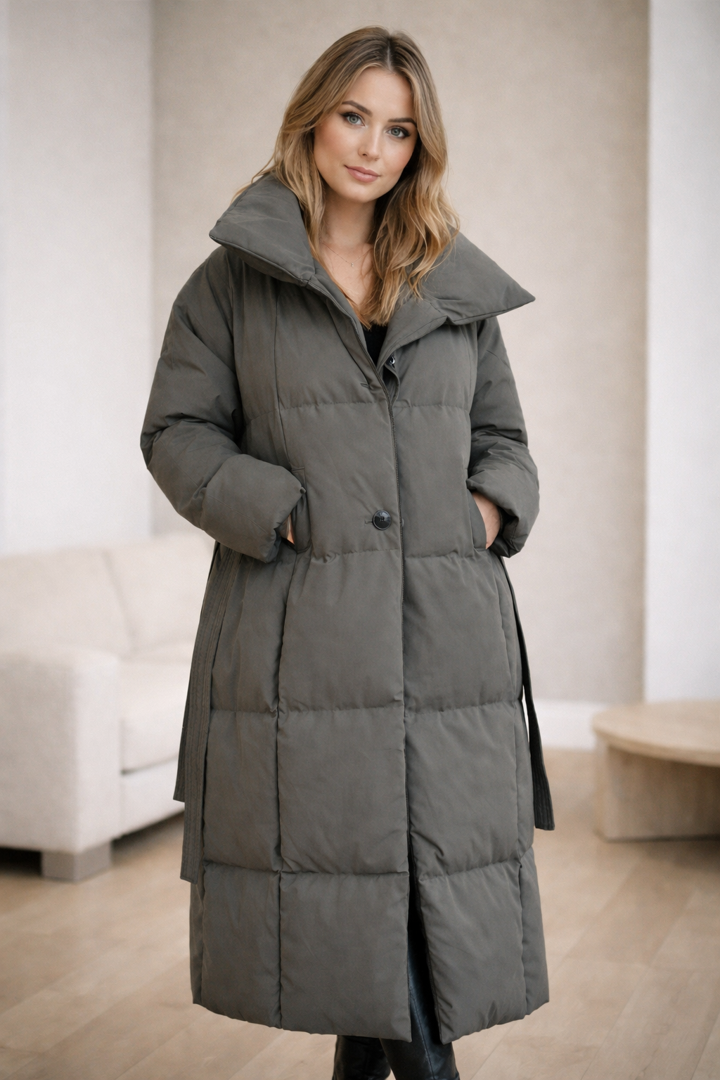 Velmora Tailored Long Winter Coat with Adjustable Waist Belt