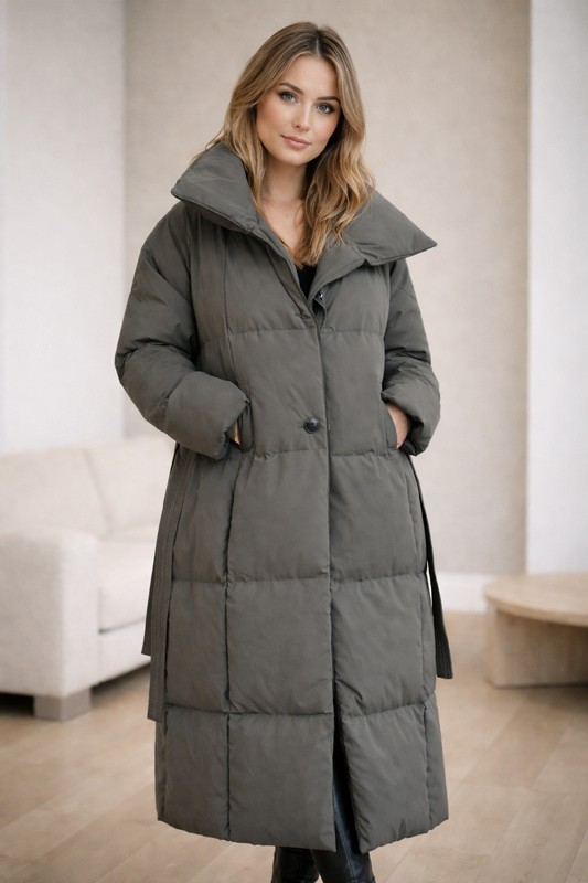 Velmora Tailored Long Winter Coat with Adjustable Waist Belt