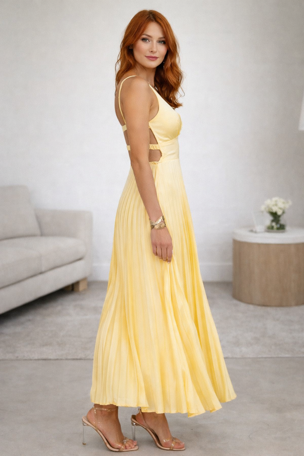 Solmira Pleated V-Neck Maxi Dress in Sunlit Yellow