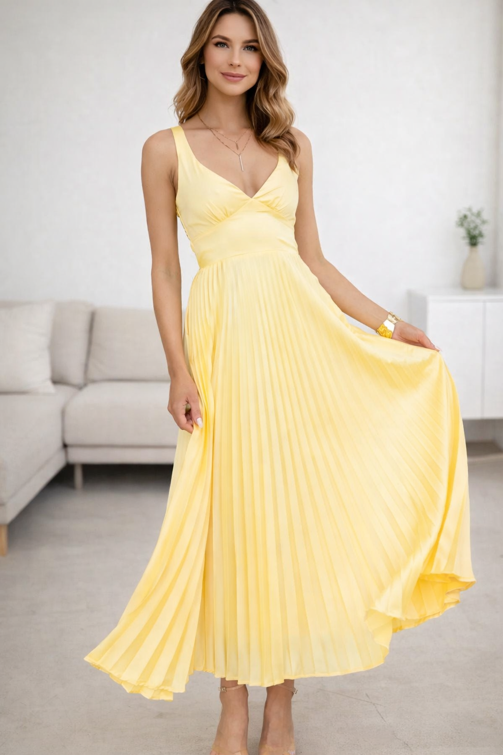 Solmira Pleated V-Neck Maxi Dress in Sunlit Yellow