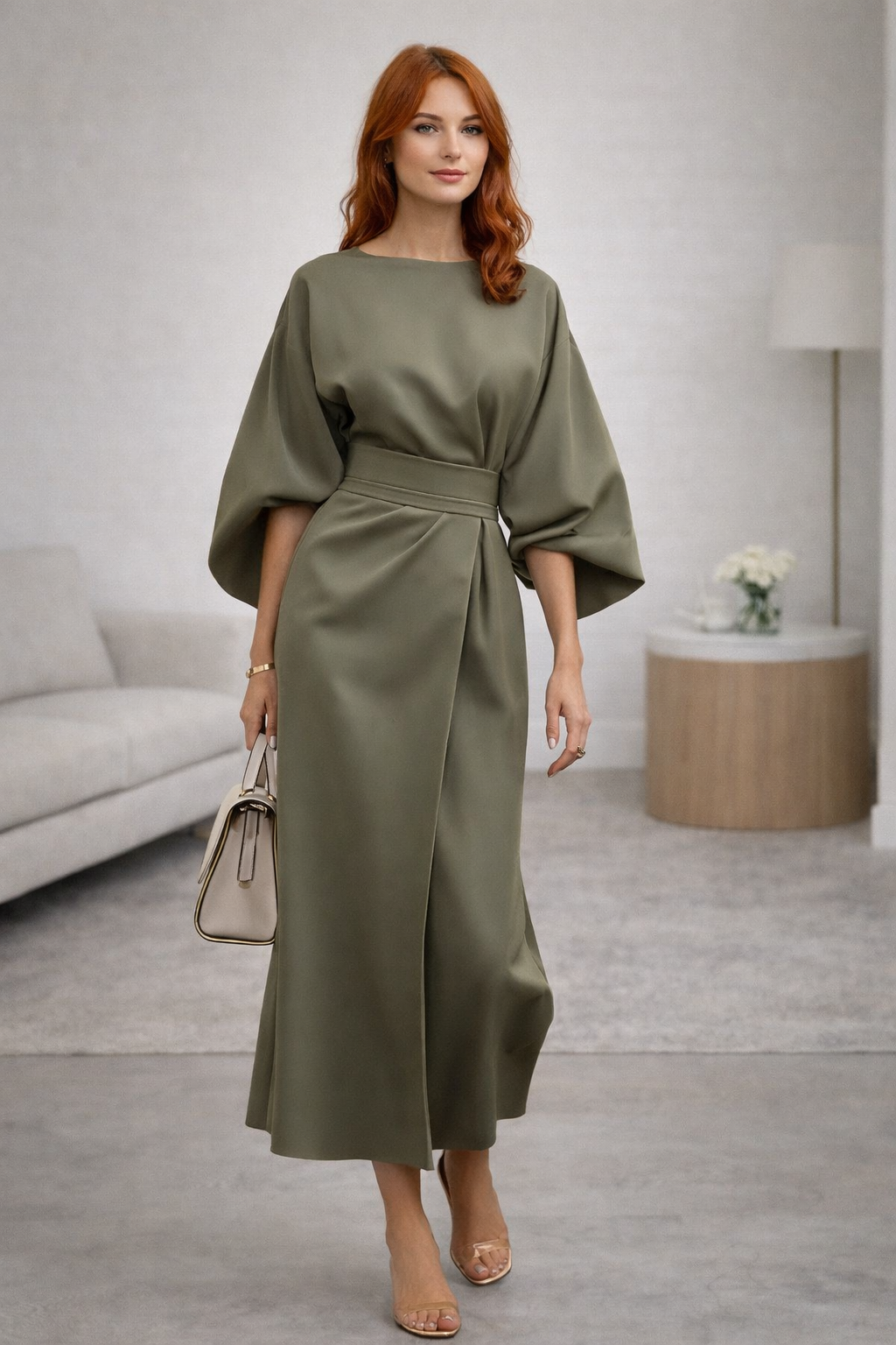 Aurevina Belted Lantern Sleeve Midi Dress