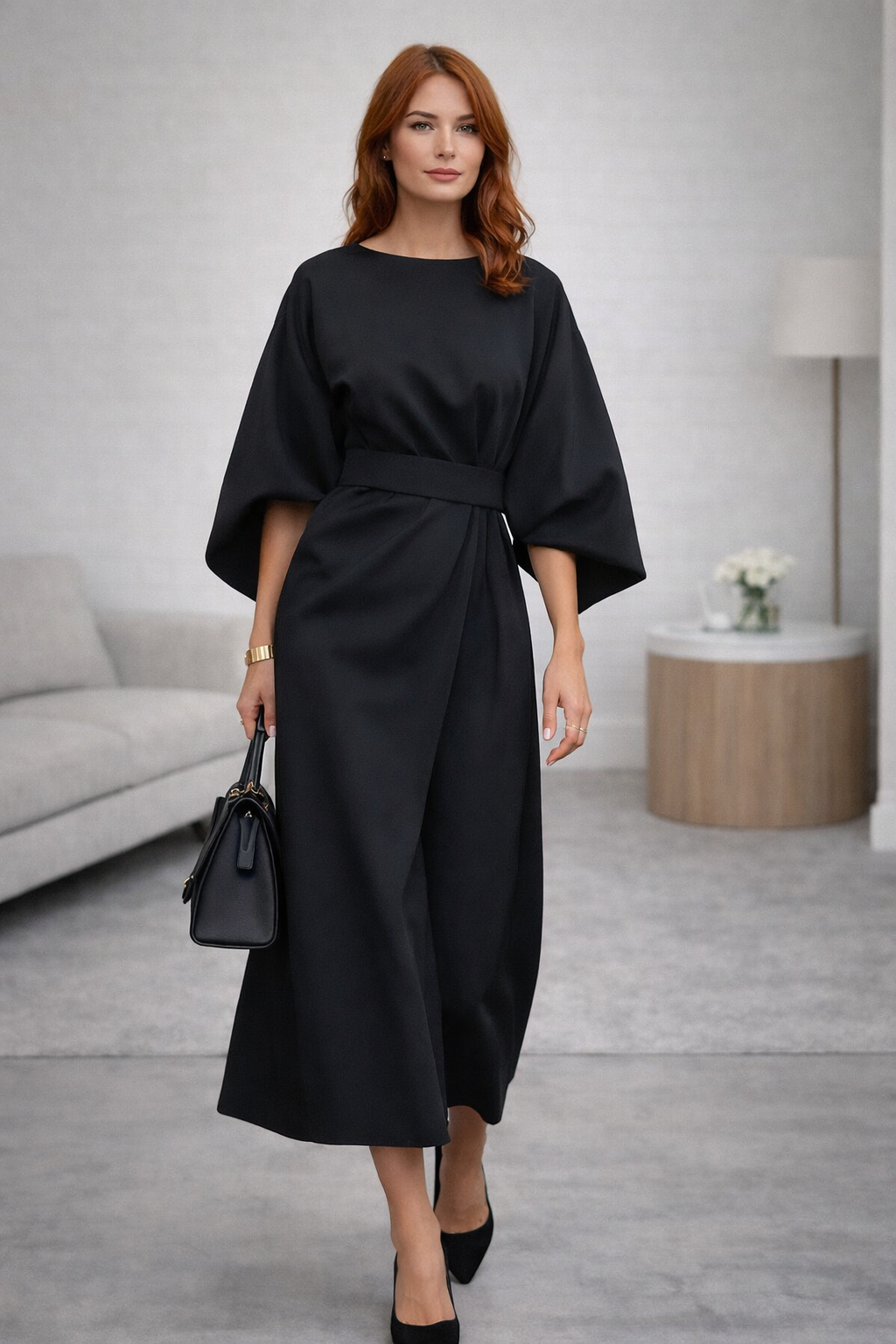 Aurevina Belted Lantern Sleeve Midi Dress