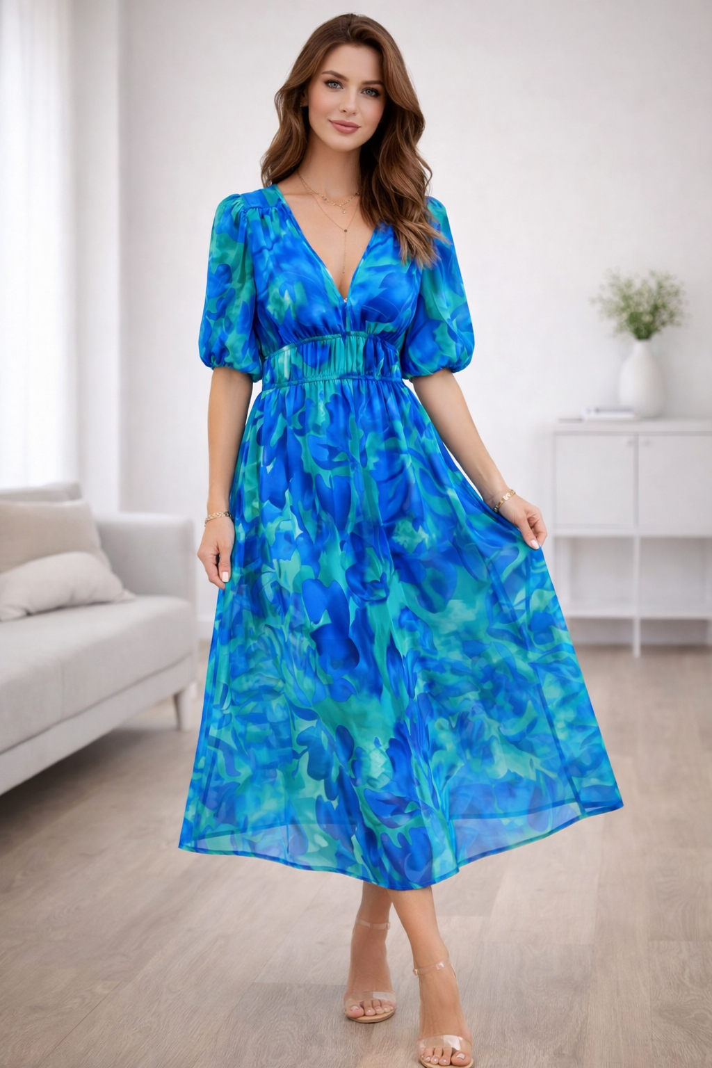 Floréva Floral Puff Sleeve Midi Dress