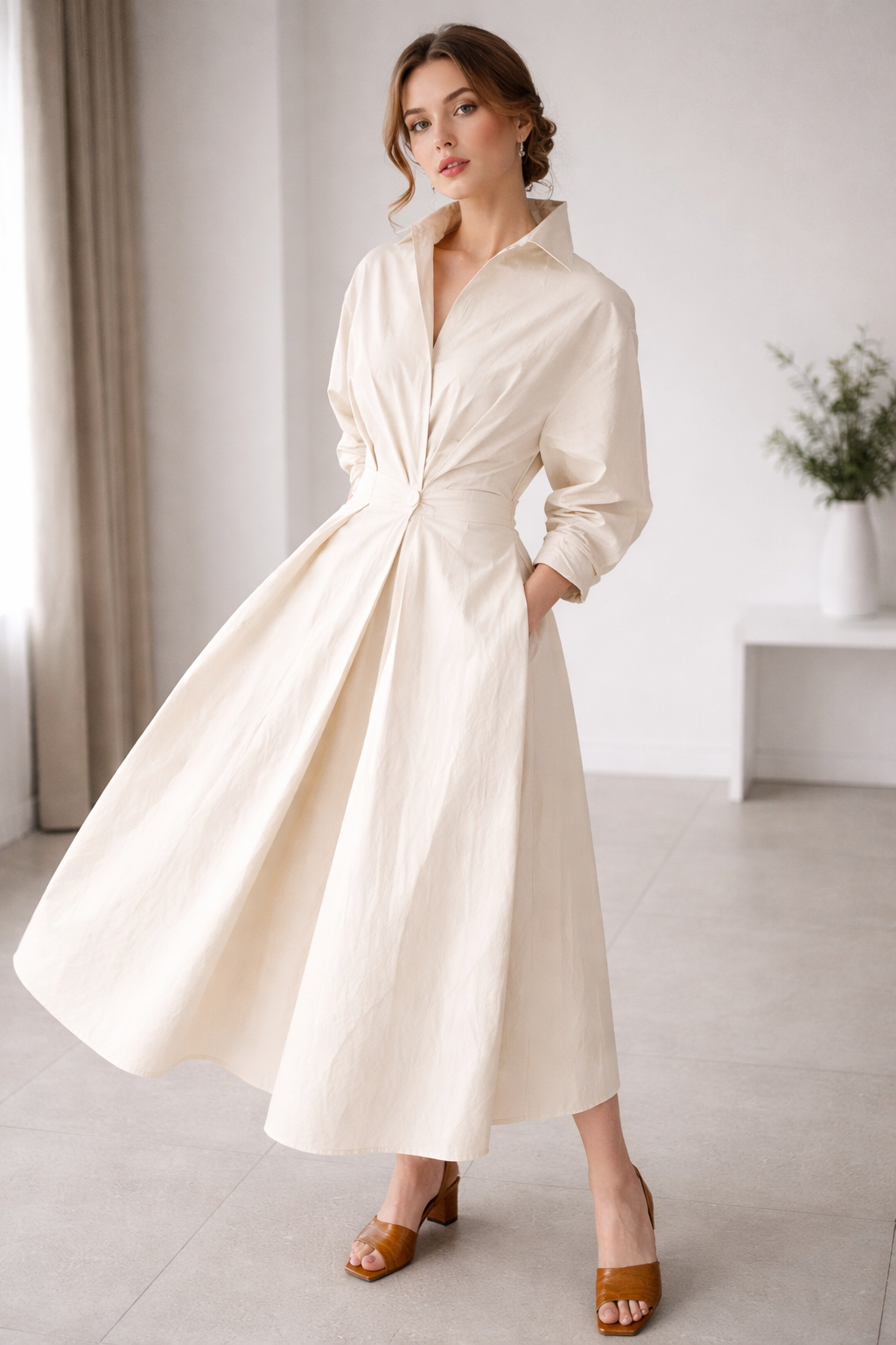 Elowyn Belted Button-Front Shirt Dress