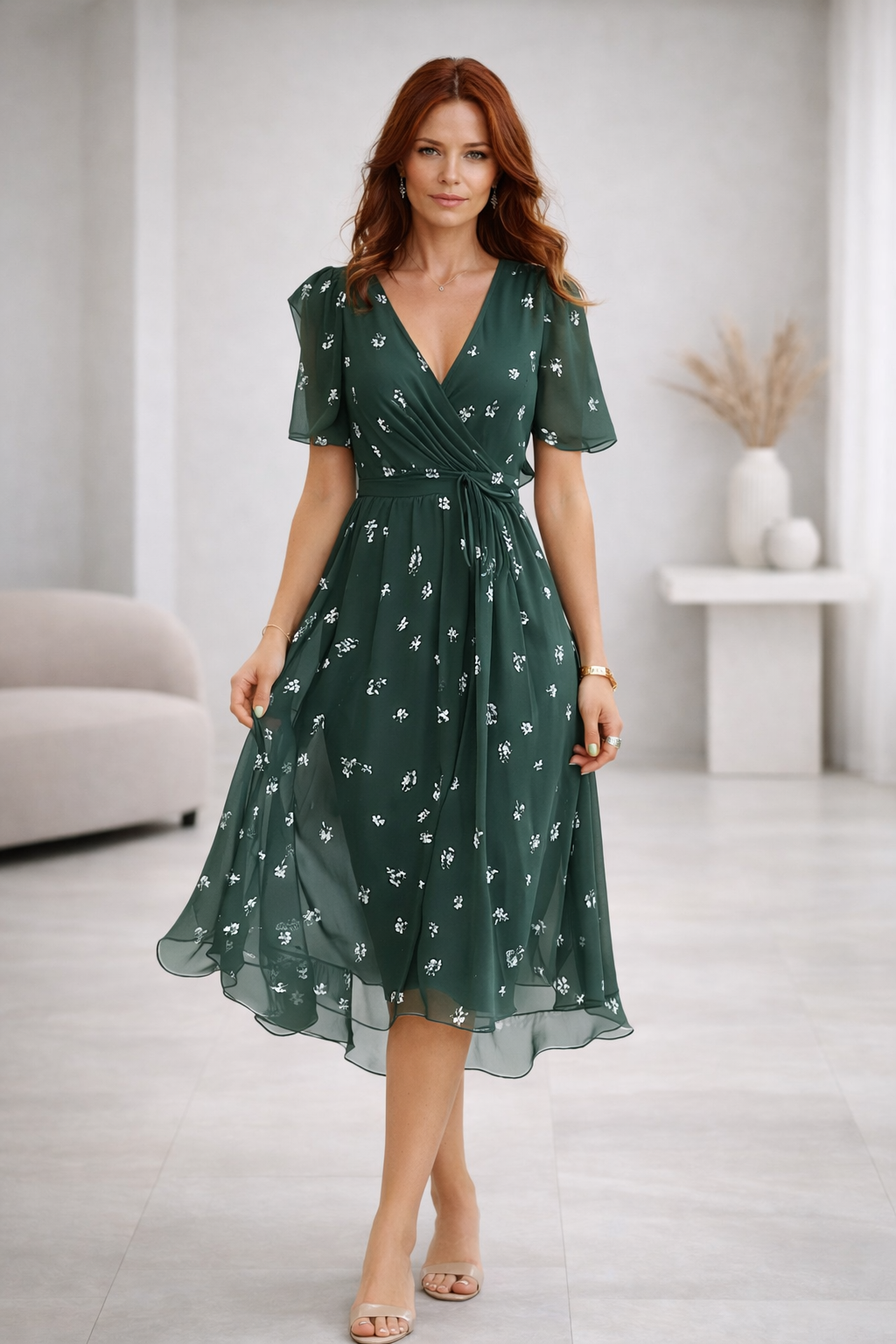 Eloria Women's V-Neck Short Sleeve Midi Summer Dress