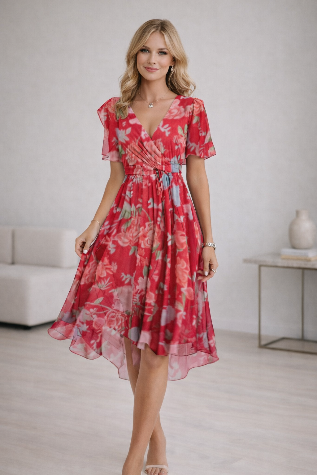 Eloria Women's V-Neck Short Sleeve Midi Summer Dress