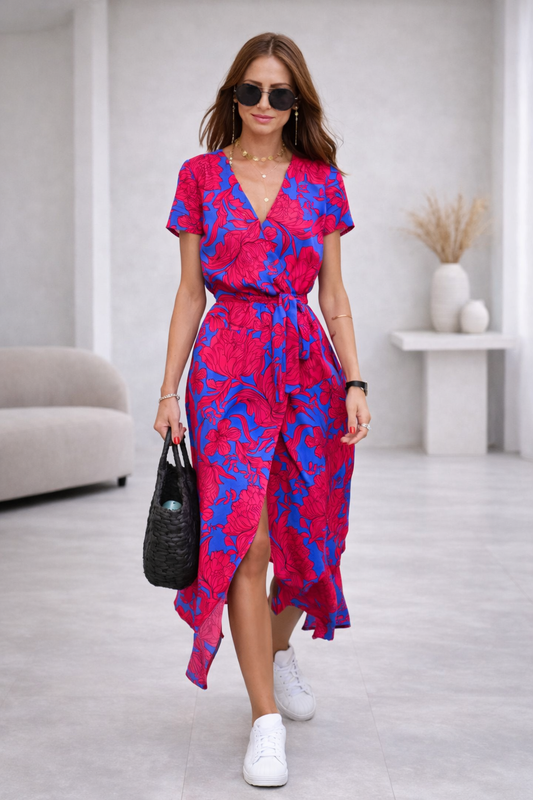 Floravelle Floral Wrap Midi Dress with V-Neck