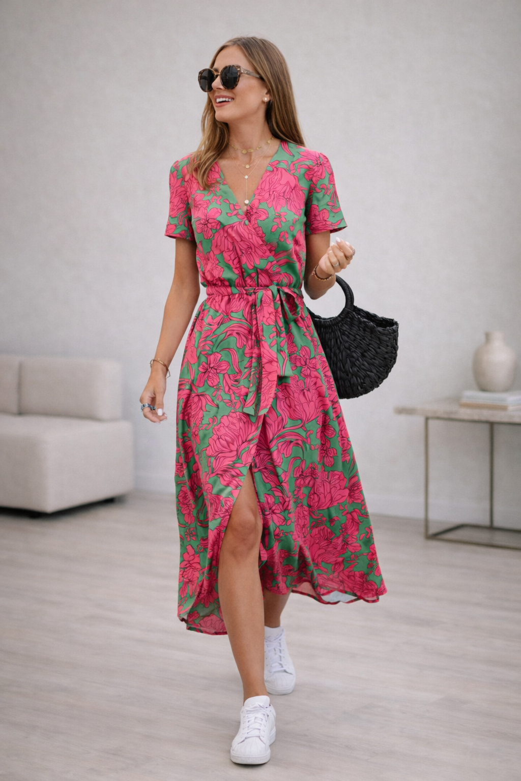 Floravelle Floral Wrap Midi Dress with V-Neck