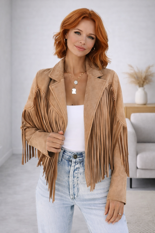 Velmora Cropped Fringe Jacket with Lapel Collar for Women