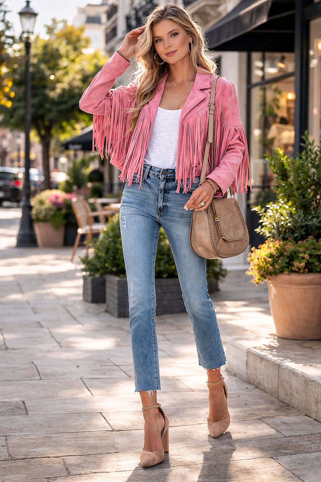 Velmora Cropped Fringe Jacket with Lapel Collar for Women