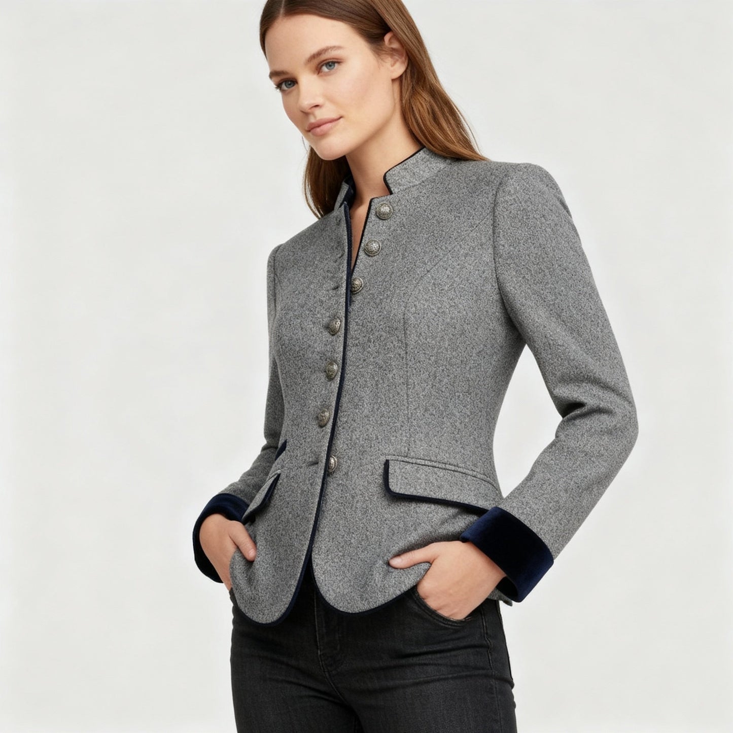 Carvessa | Tailored Cropped Jacket with Stand Collar & Button Detail