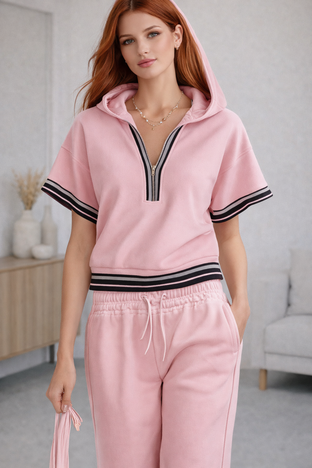 Blush Active Zip Hoodie Short Sleeve Top and Pant Sport Set